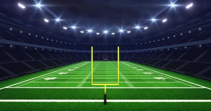 Spectacular american football stadium at night and illuminated field ready to start match. Professional 4k video as sports background. Camera is rotating around field in animation loop.