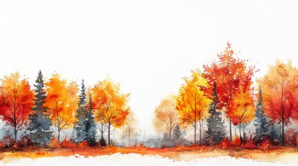 Autumn forest. Watercolor painting of autumn trees on white background.