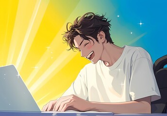 パソコン画面を見ながら楽しそうに笑う若い男性