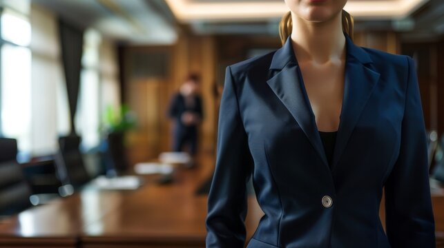 Highresolution image of Aryas torso, a female CEO wearing a navy blue suit, set against the backdrop of a corporate boardroom
