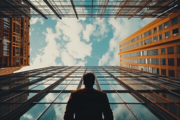 Rear view of a man looking up at tall modern buildings under a blue sky with clouds