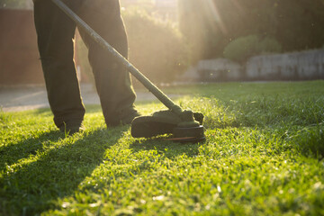 Lawn mover on green grass. Machine for cutting lawns.