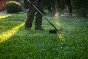 Lawn mover on green grass. Machine for cutting lawns.