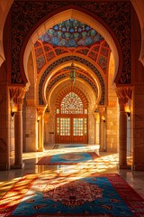Obraz premium Sunlight Shining Through Stained Glass Windows in an Ornate Arched Hallway