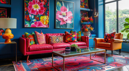 A vibrant living room with rich blue walls, large windows showcasing colorful floral art on the walls, and a bold red leather sofa.