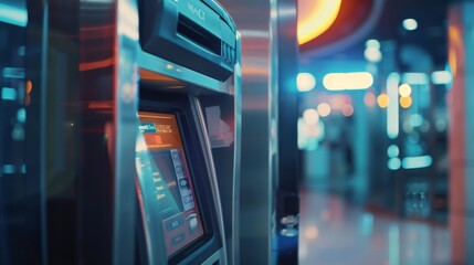 Obraz premium An image of an ATM in a modern setting. The ATM is made of metal and has a blue screen. The background is blurred and shows a busy shopping mall.
