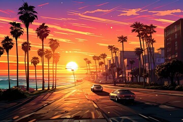 Beach boulevard on sunset colorful comic book style artwork