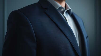 Detail shot of Aryas torso in a sharp navy blue business suit, focusing on the elegance of the fabric against a minimalist backdrop