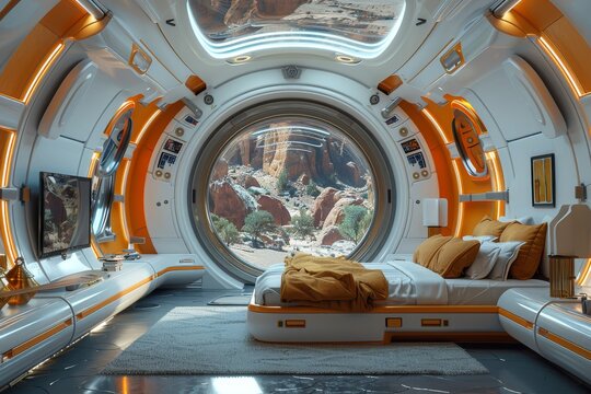 This is a highly detailed rendering of a futuristic spaceship bedroom, complete with a panoramic window overlooking Martian terrain