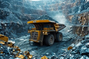 A powerful mining truck is depicted carrying a load of ore, illustrating the industry's might