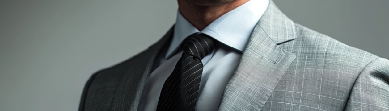 Detail shot of Aryas torso in a light grey business suit, highlighted against a minimalist backdrop, emphasizing sharp tailoring
