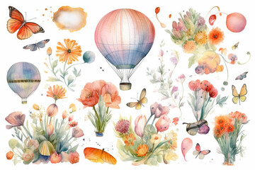 Fototapeta premium Hot air balloons float in the sky above a field filled with blooming flowers and fluttering butterflies