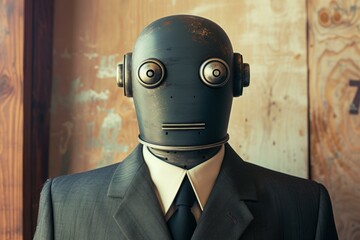 Vintage robot businessman portrait in a retro-style suit and tie, showcasing the fusion of old-fashioned elegance with futuristic technology and artificial intelligence