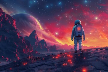 Stunning sci-fi scene with astronaut exploring a breathtaking alien world with large planets and stars in the sky