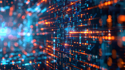 An abstract digital background with binary code and Al algorithms running in the background 