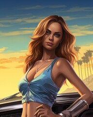 Beach girl colorful comic book style artwork