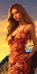 Beach girl colorful comic book style artwork