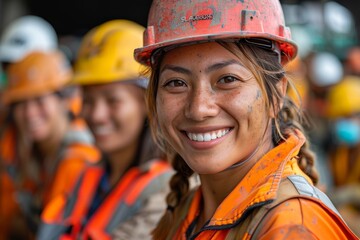 A smiling Asian construction worker in a dirty hardhat among her teammates