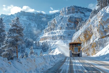 A winter scene of a majestic quarry with a dump truck driving down a snow-laden road surrounded by...