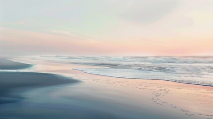 Fototapeta premium A serene beach at sunrise, with gentle waves lapping at the shore and soft pastel colors painting the sky.