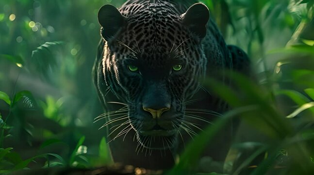 black panther walking in the tall grass