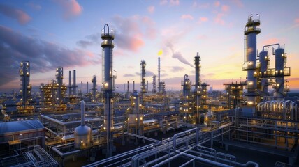 Obraz premium A large industrial view of an oil refinery, forming an oe. industrial zone, with sunrise and cloudy sky
