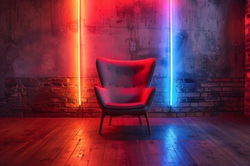 A retro-style chair stands out against a backdrop of brick wall and neon lights blending cool and...