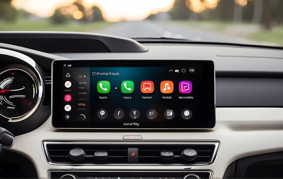 A car dashboard with an Apple carp on the display, an Android car stereo showing the UI/UX interface, Android Auto system controlling the Car