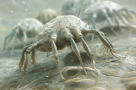 Detailed close-up  dust mite, an unseen arachnid allergen, under extreme magnification in a household bedroom environment