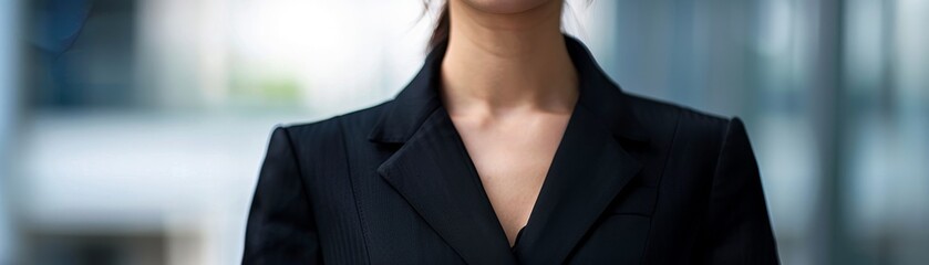 Crisp image of a female executive s torso in a black suit, symbolizing leadership and power in the financial industry