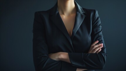 Crisp image of a female executive s torso in a black suit, symbolizing leadership and power in the financial industry