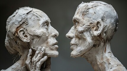 Naklejka premium Two white statues of people with their hands on their faces. The statues are of a man and a woman, and they appear to be looking at each other. Scene is contemplative and introspective
