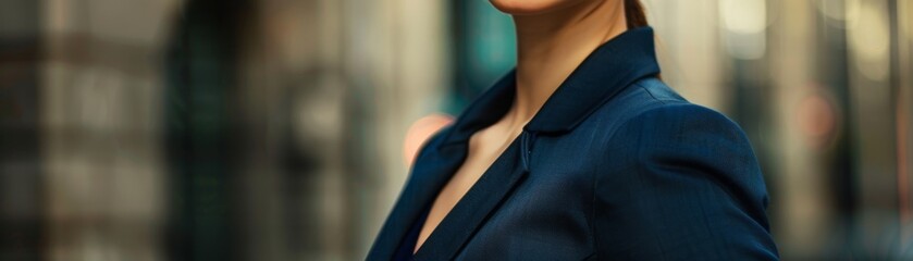 Closeup of Arya, a female business executive s torso in a navy blue suit, perfect for corporate profiles and financial marketing