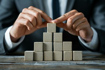 Close-up of a businessman's hands constructing a stable structure from wooden blocks on a desk
