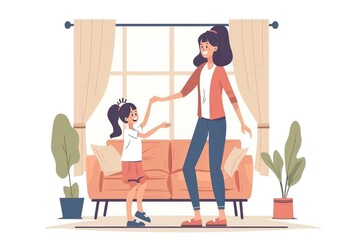 A woman and a little girl standing in front of a couch. Suitable for family, home, and lifestyle concepts