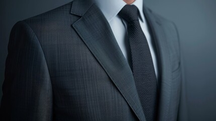 Closeup of a male CEOs torso in a charcoal grey suit, isolated against a minimalist office background, symbolizing ongoing corporate leadership