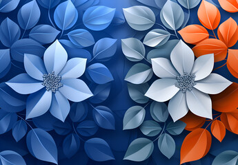 Two flowers with blue and orange petals are displayed on a blue background. The flowers are arranged in a way that they appear to be overlapping each other. Generative AI