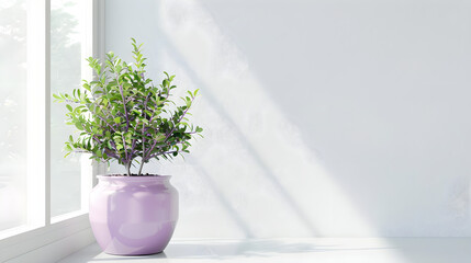 Green houseplant in lilac pot on white wall background with copy space