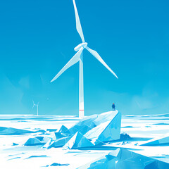 Illustrated Frozen World: A Mystical Landscape with a Wind Turbine under the Aurora Borealis