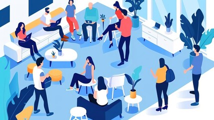 A group of diverse professionals in a modern office space, engaged in various activities such as working on laptops, chatting, and relaxing.