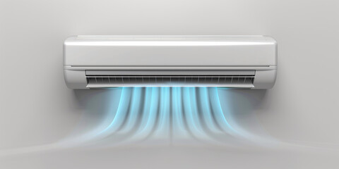 A modern, sleek air conditioner on the wall, with  cool blue air flow