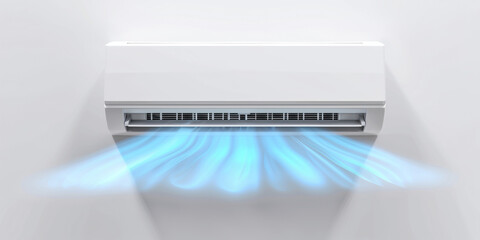 A modern, sleek air conditioner on the wall, with  cool blue air flow