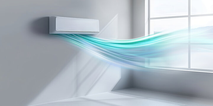 Air conditioner on the wall, with cool blue air flow