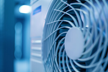 Naklejka premium Close-up of a modern air conditioning unit, emphasizing the fan and cooling technology, blue-toned ambient lighting. Shallow depth of field
