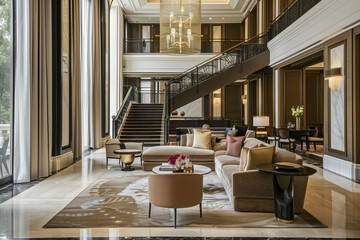 Interior of modern double-height living room in luxury style with floor-to-ceiling windows and elegance staircase