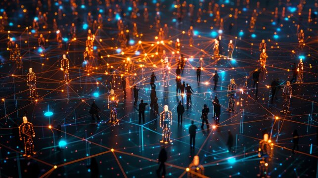 A group of people are connected to each other in a web of lights. The people are represented by small figures and the lights are arranged in a way that they appear to be connected to each other