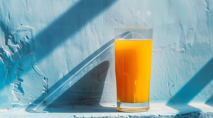 A glass of orange juice, sea blue painted wall background, summer refreshment