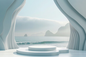 Fototapeta premium White podium on the beach with ocean view