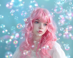 Portrait of a young woman, soap bubbles background, dreamy pastel pink vibes