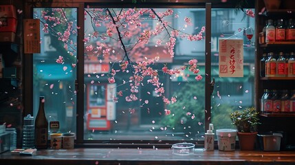 A view of cherry blossoms flying through a window left open in a cafe